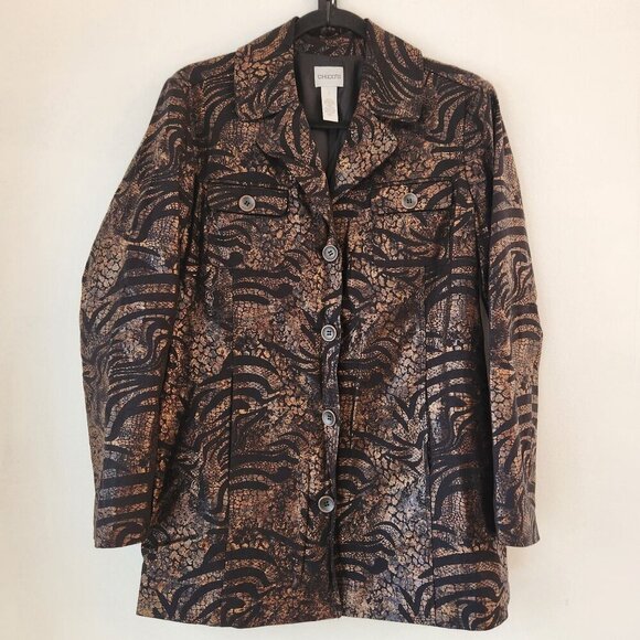 Chico's Blazer Jacket Coat Linen Blend Metallic Brown Black Professional M/8 - Picture 1 of 7
